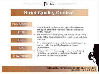  IPQC will check products at every procedure based on
battery cell production technique standard and quality
control standard
 Tab Aluminum, tab cut, gluing, tab tinning, tab soldering,
solder PCBA, Chare-discharge test , short-circuit test, high-
temp glue
 Over-charge protection, over-discharge production, over
current production, self-discharge, short current
protection test.
 Voltage, internal resistance, appearance, size, charging
protection, over-discharge production, short-circuit
protection, over-current protection
Strict Quality Control
Pack Assembly
IPQC
OQC
QA
in-warehouse
 