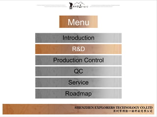 Menu
Introduction
R&D
Production Control
QC
Service
Roadmap
 