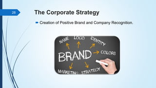 The Corporate Strategy
 Creation of Positive Brand and Company Recognition.
28
 