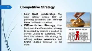 Competitive Strategy
• Low Cost Leadership. The
giant retailer prides itself on
providing customers with low-cost
items that beat competitors.
• Differentiation Strategy. Wal-
Mart uses the differentiation strategy
to succeed by creating a product or
service unique to customers. Wal-
Mart has achieved this strategy by
offering unique warranties and
brand images exclusive to the
store.
35
 