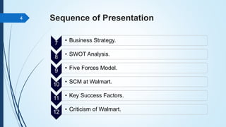 Sequence of Presentation
7 • Business Strategy.
8 • SWOT Analysis.
9 • Five Forces Model.
10 • SCM at Walmart.
11 • Key Success Factors.
12 • Criticism of Walmart.
4
 