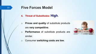 Five Forces Model
4. Threat of Substitutes: High.
51
o Prices and quality of substitute products
are very competitive.
o Performance of substitute products are
similar.
o Consumer switching costs are low.
 