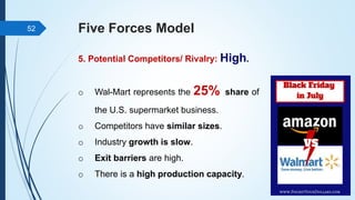 Five Forces Model
5. Potential Competitors/ Rivalry: High.
52
o Wal-Mart represents the 25% share of
the U.S. supermarket business.
o Competitors have similar sizes.
o Industry growth is slow.
o Exit barriers are high.
o There is a high production capacity.
 