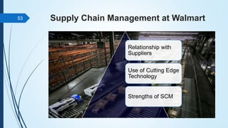 Supply Chain Management at Walmart
Relationship with
Suppliers
Use of Cutting Edge
Technology
Strengths of SCM
53
 