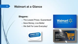 Walmart at a Glance
Slogans:
o The Lowest Prices. Guaranteed!
o Save Money, Live Better
o We Sell For Less Everyday!
10
 