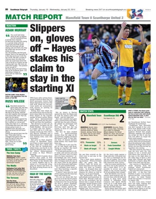 80 Scunthorpe Telegraph Thursday, January 16 - Wednesday, January 22, 2014 STE-E01-S2Breaking news 24/7 on scunthorpetelegraph.co.uk
RUSS WILCOX
Mansfield started the
game really well, like they
did at Glanford Park on
the opening day of the season.
We had to be strong, resolute
and stick together and managed
that period really well. Then we
grew into the game.
We probably scored against the
run of play with a fantastic goal.
But it settled our nerves and
really, from then on in, I felt fairly
comfortable.We knew they were
always going to give us
problems from set plays, but
again we stood tall and stood
strong.
Getting the second goal was the
key. I think after that we
managed that period well. We
kept the ball off them and
restricted them to very
little. I think you’ve seen
all sides of our
game today.
Slippers
on, gloves
off – Hayes
stakes his
claim to
stay in the
starting XI
ADAM MURRAY
You could see today
what we are up against,
but the frustrating thing
is we did have chances.
At half-time we were only losing
to a wonder strike while we
could have had three goals.
That’s the fine lines you are
dealing with and that’s why they
are where they are and we are
where we are.
You will probably see that goal
(Hayes’ first) on the television for
a few days as he put it into the
top corner. We had a couple of
chances down the other end
when we could have done that.
That is the bit of X-factor we are
missing right now. We know we
need extra quality – the question
is can we get it?
We keep saying the same thing,
that we let ourselves down. Our
defending is sloppy at
times and we make bad
decisions.
REACTION
The Iron Camp
The Media
The Terraces
Midfielder Dave Syers
(@davesyers): Another 3 points
to keep the run going, great to see
fans selling out the away end
#greatsupport #3points
Dave Boy Green
(@irongreeny180): Still grinning
from ear to ear, being a lifelong
Scunny fan, why shouldn’t I be?
“We’re Scun Utd, we’re top of the
league”
Nottingham Post writer Matt
Halfpenny (@matthalfpenny):
Not much you can do about goals
like that. Just have to take your
hat off to scorer and go again.
THREE TWEETS
MANSFIELD: Marriott, Sutton,
Dempster, Tafazolli, Westlake,
Stevenson (Daniel 63), Howell,
Clements, Jennings, Palmer (Briscoe
63), Rhead. Subs not used: Deakin,
Dyer, Beevers, Meikle, Murray.
SCUNTHORPE: Slocombe, Ribeiro,
Mirfin, Canavan, Nolan, Hawkridge,
Syers (Collins 74), McAllister,
Williams (Adelakun 78), Winnall
(Madden 87), Hayes. Subs not used:
Severn, Sparrow, Esajas, Waterfall.
MATCH STATS
Mansfield Town
0
Scunthorpe Utd
2Paul Hayes (9), (74)
ATTENDANCE: 4,211 (1,211 from Scunthorpe)
BOOKED: None BOOKED: None
Possession
Shots on target
Shots off target
Corners
Fouls Committed
Caught Offside
45%
4
7
55%
5
11
3
8
0
5
3
1
TWO hours after setting Scun-
thorpe United on their way to a
third successive victory, Paul
Hayes likened his return to the
club with whom his two pre-
vious spells are synonymous
with success as ‘putting on
comfy slippers’.
Fitting then that while the
pre-match focus was on the big,
noisy steps taken by chairman
Peter Swann in the transfer
market 24 hours earlier, Hayes
used those aforementioned
slippers to sneak into the start-
ing XI and then the headlines.
The decision to fork out an
undisclosed, six-figure fee for
Paddy Madden – the top scorer
in League One last season –
and then add to it with per-
manent moves for Dave Syers
and Marcus Williams was a
bold statement by a United side
now looking every inch title
contenders.
But prior to their masterly
victory at Mansfield Town,
you’d have to have argued that
Hayes, back for a third stint
at the club he ‘football-wise’
labels home, was fourth in the
striking pecking order, such is
the almost embarrassment
of riches at Russ Wilcox’s
disposal.
Sam Winnall (13 goals), Deon
Burton (four goals in four
games and December’s League
Two Player of the Month) and
of course Madden had to be
ahead of a 30-year-old strug-
gling for fitness and form, on
the back of being frozen out at
Brentford.
But an injury to Burton
opened the door for Hayes and
he took his chance with both
hands – and his right boot.
Just nine minutes had gone
when a knock-down from Win-
nall fell into the path of Hayes.
He picked up possession and
then his spot, lifting a
first-time shot into the top
corner, in front of 1,200 trav-
elling fans.
The fact he later hooked
home a match-clinching
second, from the edge of the
six-yard box, capped a brilliant
afternoon’s work. If that fam-
ous firm of Danish brewers
made debuts, this would have
been one.
It is difficult to put your fin-
ger on why Hayes and Scun-
thorpe go together like hand
and glove. It just works.
“I’ve had good patches at oth-
er clubs, and success now and
again, but every year I’ve been
here it’s been consistent,” ac-
knowledged the Iron striker,
who has failed to muster more
than 12 league starts for any of
the seven clubs he has played
for in the three and a half years
since he quit Glanford Park.
“It’s probably more down to
luck than knowing a specific
reason why it works.
“I haven’t been here for half
of this season and the team has
done well without me.
“It’s not my doing (the fact
the Iron sit at the top of League
Two), but now I am here I want
to help carry the run on during
the next 21 games. Hopefully
we can all celebrate at the end.”
Hayes’ display against the
Stags was every bit as remin-
iscent of the old Paul Hayes,
MAN OF THE MATCH
PAUL HAYES
Back with a bang and a
brace to boot. What
price another promotion
for the Iron and one of
their most
successful
strikers?
the one fans revered on the
club’s way to and stay in the
second tier.
Now a lean, mean goalscor-
ing machine – Wilcox revealed
after the game that the
striker’s body fat levels are
lower than they ever have been
when he’s been on United’s
books – he dropped deep and
drifted wide in a bid to create
chances for others as well as
having a go at goal himself.
His partnership with Win-
nall already oozes potential. At
Field Mill, Winnall could not
get on the scoresheet, but he
almost had a couple of decent
openings, thanks largely to the
unselfish work of his fellow
front man, once, ridiculously,
dubbed ‘lazy’ by his critics.
While Hayes was responsible
for the Iron’s goals against a
Stags side who, with good reas-
on, carry a reputation for be-
ing one of League Two’s most
physical outfits, he was not the
sole reason for their victory.
Like in so many matches dur-
ing their rise to the summit, it
was a team effort. It is im-
possible to accuse any indi-
vidual in the current starting
XI of not pulling their weight.
Sean McAllister was his cus-
tomary, hard-working self. Sy-
ers was class with the ball and
willing to drop back when
without it. Defenders Niall
Canavan and David Mirfin
stood up to a stiff battle with
six foot plus strike duo Matt
Rhead and Ollie Palmer.
Every player plays their part
– which is why it’s hard not to
MATCH REPORT
CHRIS SUMPTER
reports from Field Mill
as arguably the
unlikeliest of the Iron’s
new recruits
steals the
show
’’
‘‘
‘‘
Mansfield Town 0 Scunthorpe United 2
‘‘
see Scunthorpe further their
challenge for promotion.
Goalkeeper Sam Slocombe
was alert enough to tip a low
drive from Rhead wide of the
post in the third minute, after
Anthony Howell had caught
Williams napping and played
the striker in. But it was the
only real effort on target the
hosts could muster.
Once Hayes had found the top
corner, there was an assurance
about Scunthorpe’s play. Albeit
helped by the Stags’ lack of goal
threat, not once did you fear an
equaliser was coming.
The only surprise was that it
took the Iron until the 74th
minute to net a second goal
with Hayes also proving to be
the man in the right place at
the right time to force a shot
home after Winnall had done
brilliantly to head a deep Wil-
liams cross back into the box.
Any success at Mansfield is
worth shouting from the
rooftops where Scunthorpe
United are concerned.
This was their first victory at
Field Mill – or the One Call
Stadium to give it its current,
sponsor-led title – in more than
20 years. An Andy Toman
strike last earned a 1-0 success
in August 1993.
In nine visits since, United
have lost eight, making this
one quite a landmark win.
When it comes to the pro-
motion battle, Hayes is not the
only one in comfy slippers.
WAITING GAME: Paddy Madden
makes a late appearance from the
bench at Field Mill
WHAT A STRIKE: Paul Hayes peels
away in celebration after volleying
the Iron in front in the ninth minute
against Mansfield Town, in what
was his third Iron debut Pictures:
Carl Gac
 