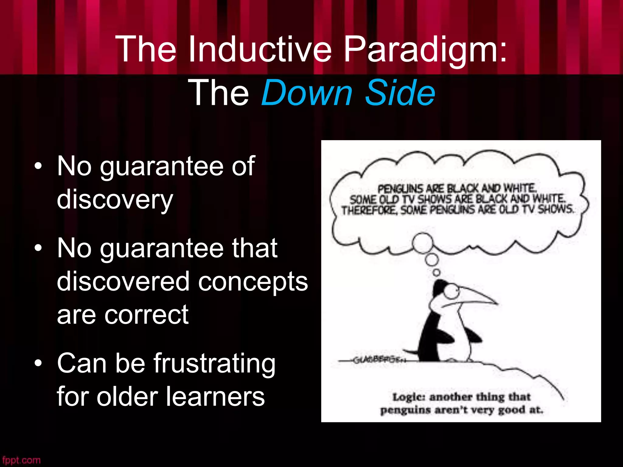 The Inductive Paradigm:
The Down Side
• No guarantee of
discovery
• No guarantee that
discovered concepts
are correct
• Can be frustrating
for older learners
 