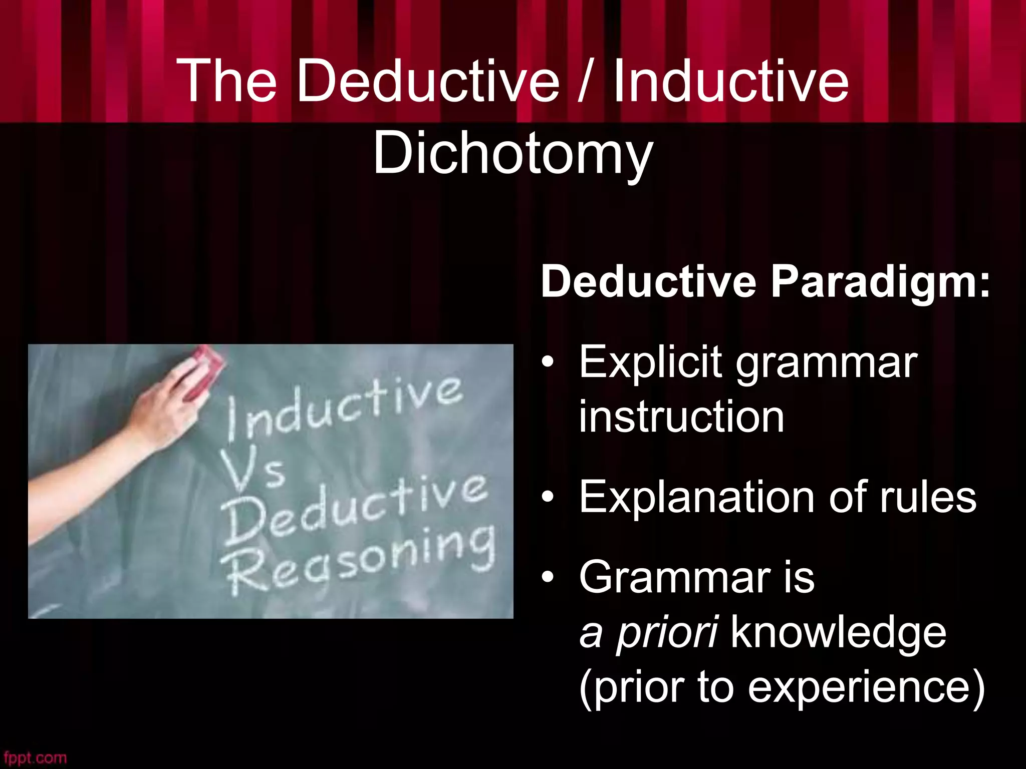 The Deductive / Inductive
Dichotomy
Deductive Paradigm:
• Explicit grammar
instruction
• Explanation of rules
• Grammar is
a priori knowledge
(prior to experience)
 