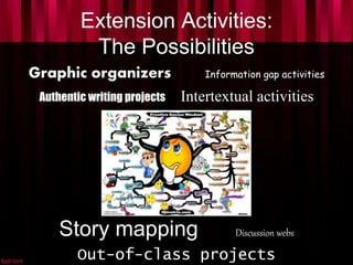 Extension Activities:
The Possibilities
Graphic organizers Information gap activities
Authentic writing projects Intertextual activities
Story mapping Discussion webs
Out-of-class projects
 