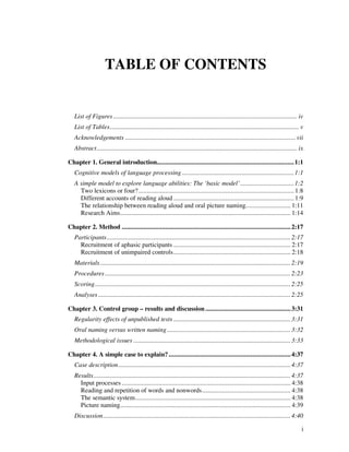 i 
TABLE OF CONTENTS 
List of Figures .............................................................................................................. iv 
List of Tables................................................................................................................. v 
Acknowledgements ...................................................................................................... vii 
Abstract........................................................................................................................ ix 
Chapter 1. General introduction..................................................................................1:1 
Cognitive models of language processing ...................................................................1:1 
A simple model to explore language abilities: The ‘basic model’ ................................1:2 
Two lexicons or four? ............................................................................................. 1:8 
Different accounts of reading aloud ........................................................................ 1:9 
The relationship between reading aloud and oral picture naming........................... 1:11 
Research Aims...................................................................................................... 1:14 
Chapter 2. Method .....................................................................................................2:17 
Participants..............................................................................................................2:17 
Recruitment of aphasic participants ...................................................................... 2:17 
Recruitment of unimpaired controls ...................................................................... 2:18 
Materials..................................................................................................................2:19 
Procedures ...............................................................................................................2:23 
Scoring.....................................................................................................................2:25 
Analyses ...................................................................................................................2:25 
Chapter 3. Control group – results and discussion ...................................................3:31 
Regularity effects of unpublished tests ......................................................................3:31 
Oral naming versus written naming..........................................................................3:32 
Methodological issues ..............................................................................................3:33 
Chapter 4. A simple case to explain? .........................................................................4:37 
Case description.......................................................................................................4:37 
Results......................................................................................................................4:37 
Input processes ..................................................................................................... 4:38 
Reading and repetition of words and nonwords..................................................... 4:38 
The semantic system............................................................................................. 4:38 
Picture naming...................................................................................................... 4:39 
Discussion................................................................................................................4:40 
 