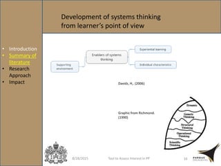 8/28/2015 Tool to Assess Interest in PP 16
• Introduction
• Summary of
literature
• Research
Approach
• Impact
Development of systems thinking
from learner’s point of view
Davidz, H,. (2006)
Graphic from Richmond.
(1990)
 