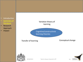 8/28/2015 Tool to Assess Interest in PP 18
Variation theory of
learning
Transfer of learning Conceptual change
Cognitive/constructivist
learning theories
• Introduction
• Summary of
literature
• Research
Approach
• Impact
 