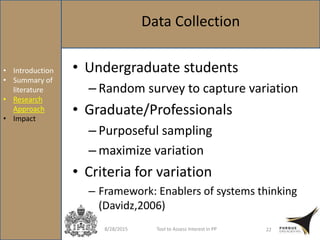 8/28/2015 Tool to Assess Interest in PP 22
Data Collection
• Undergraduate students
– Random survey to capture variation
• Graduate/Professionals
– Purposeful sampling
– maximize variation
• Criteria for variation
– Framework: Enablers of systems thinking
(Davidz,2006)
• Introduction
• Summary of
literature
• Research
Approach
• Impact
 