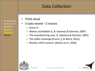 8/28/2015 Tool to Assess Interest in PP 23
Data Collection
• Think aloud
• 5 tasks tested – 2 chosen.
– Scene it!
– Wolves and Rabbits (L. B. Sweeney & Sterman, 2007)
– The manufacturing case: (L. Sweeney & Sterman, 2001)
– The coffee challenge (Purzer, Ş. & Wertz, 2013).
– Disaster relief scenario (Adams et al., 2010)
• Introduction
• Summary of
literature
• Research
Approach
• Impact
 