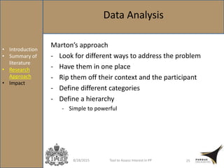 8/28/2015 Tool to Assess Interest in PP 25
Data Analysis
Marton’s approach
- Look for different ways to address the problem
- Have them in one place
- Rip them off their context and the participant
- Define different categories
- Define a hierarchy
- Simple to powerful
• Introduction
• Summary of
literature
• Research
Approach
• Impact
 