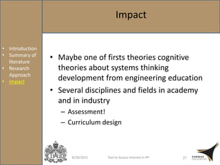 8/28/2015 Tool to Assess Interest in PP 27
• Introduction
• Summary of
literature
• Research
Approach
• Impact
• Maybe one of firsts theories cognitive
theories about systems thinking
development from engineering education
• Several disciplines and fields in academy
and in industry
– Assessment!
– Curriculum design
Impact
 