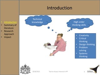 Introduction
8/28/2015 Tool to Assess Interest in PP 3
• Introduction
• Summary of
literature
• Research
Approach
• Impact
High order
thinking skills
Technical
knowledge
• Creativity
• Critical
thinking
• Design thinking
• Problem
solving
• Systems
thinking
 