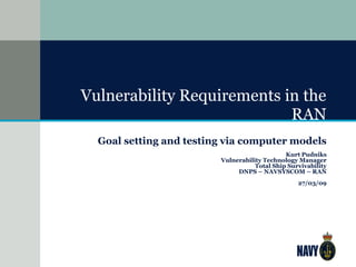 Vulnerability Requirements in the
RAN
Goal setting and testing via computer models
Kurt Pudniks
Vulnerability Technology Manager
Total Ship Survivability
DNPS – NAVSYSCOM – RAN
27/03/09
 