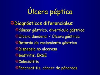 Úlcera péptica Diagnósticos diferenciales: Cáncer gástrico, divertículo gástrico Úlcera duodenal / Úlcera gástrica Retardo de vaciamiento gástrico Dispepsia no ulcerosa Gastritis, ERGE Colecistitis Pancreatitis, cáncer de páncreas 