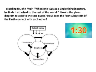 According to John Muir, “When one tugs at a single thing in nature,
he finds it attached to the rest of the world.” How is the given
diagram related to the said quote? How does the four subsystem of
the Earth connect with each other?
 