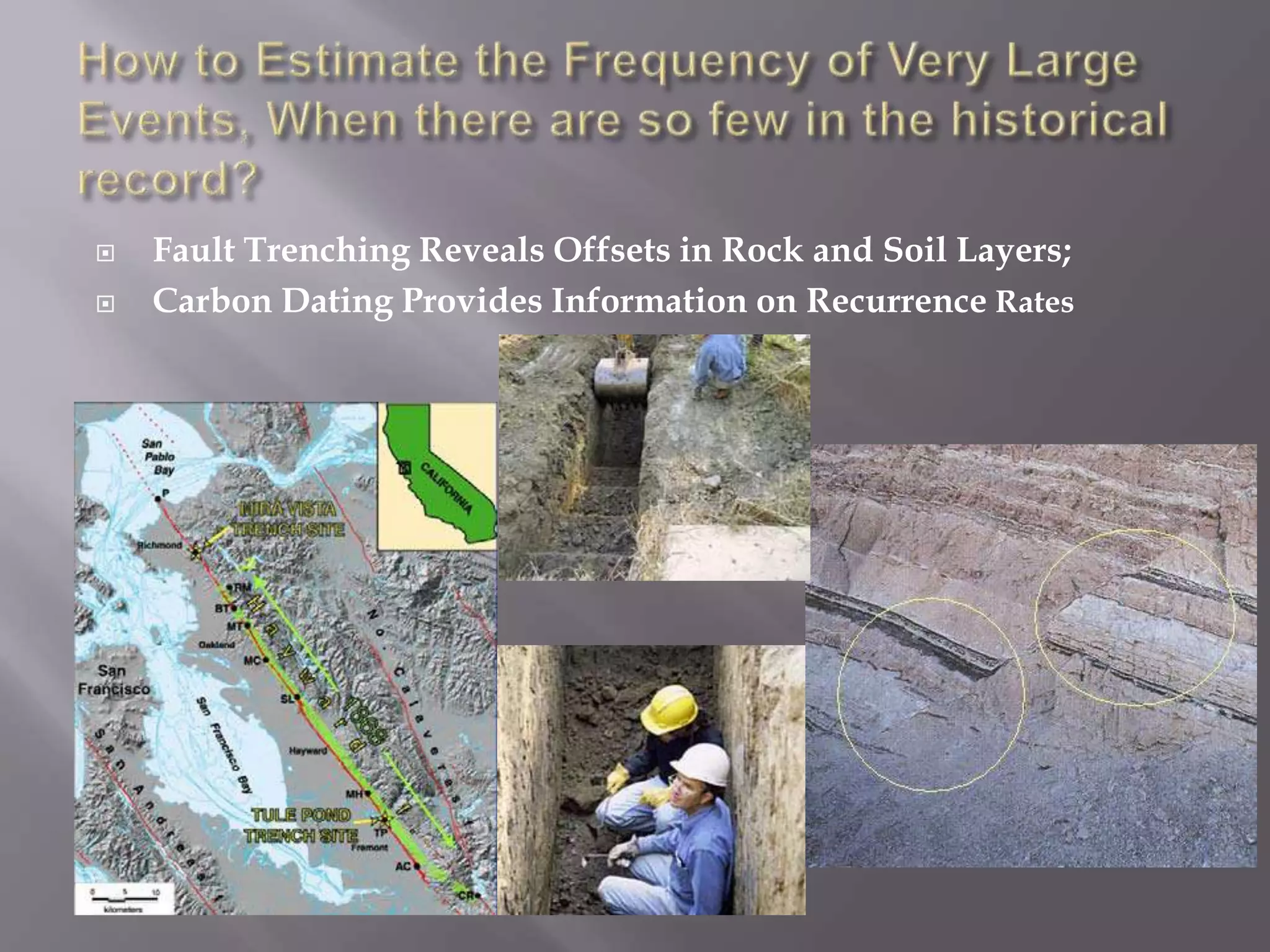  Fault Trenching Reveals Offsets in Rock and Soil Layers;
 Carbon Dating Provides Information on Recurrence Rates
 