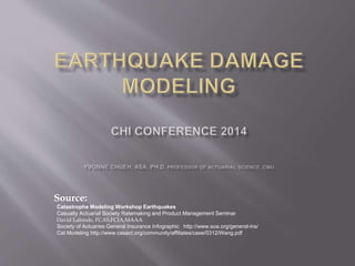 Source:
Catastrophe Modeling Workshop Earthquakes
Casualty Actuarial Society Ratemaking and Product Management Seminar
David Lalonde, FCAS,FCIA,MAAA
Society of Actuaries General Insurance Infographic http://www.soa.org/general-ins/
Cat Modeling http://www.casact.org/community/affiliates/case/0312/Wang.pdf
 