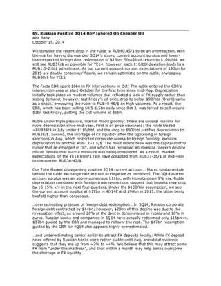 69. Russian Positive 3Q14 BoP Ignored On Cheaper Oil
Alfa Bank
October 15, 2014
We consider the recent drop in the ruble to RUB40.45/$ to be an overreaction, with
the market having disregarded 3Q14’s strong current account surplus and lower-
than-expected foreign debt redemption of $16bn. Should oil return to $100/bbl, we
still see RUB37/$ as plausible for YE14; however, each $10/bbl deviation leads to a
RUB1.5-2.0/$ adjustment. As our current account surplus expectations of $90bn for
2015 are double consensus’ figure, we remain optimistic on the ruble, envisaging
RUB38/$ for YE15.
The Facts CBR spent $6bn in FX interventions in Oct: The ruble entered the CBR’s
intervention area at start-October for the first time since mid-May. Depreciation
initially took place on modest volumes that reflected a lack of FX supply rather than
strong demand; however, last Friday’s oil-price drop to below $90/bbl (Brent) came
as a shock, pressuring the ruble to RUB40.45/$ on high volumes. As a result, the
CBR, which has been selling $0.5-1.5bn daily since Oct 3, was forced to sell around
$2bn last Friday, putting the Oct volume at $6bn.
Ruble under triple pressure, market mood gloomy: There are several reasons for
ruble depreciation since mid-year. First is oil price weakness: the ruble traded
~RUB34/$ in July under $110/bbl, and the drop to $90/bbl justifies depreciation to
RUB38/$. Second, the shortage of FX liquidity after the tightening of foreign
sanctions in Aug, which restricted corporate access to foreign funding, explains
depreciation by another RUB1.0-1.5/$. The most recent blow was the capital control
rumor that re-emerged in Oct, and which has remained an investor concern despite
official denials that such a measure was being considered. As a result, market
expectations on the YE14 RUB/$ rate have collapsed from RUB33-38/$ at mid-year
to the current RUB36-42/$.
Our Take Market disregarding positive 3Q14 current account… Macro fundamentals
behind the ruble exchange rate are not as negative as perceived. The 3Q14 current
account surplus was an above-consensus $11bn, with imports down 9% y/y. Ruble
depreciation combined with foreign trade restrictions suggest that imports may drop
by 10-15% y/y in the next four quarters. Under the $100/bbl assumption, we see
the current account surplus at $17bn in 4Q14E and $90bn in 2015, the latter being
twofold higher than consensus.
…overestimating pressure of foreign debt redemption… In 3Q14, Russian corporate
foreign debt contracted by $44bn; however, $28bn of this decline was due to the
revaluation effect, as around 20% of the debt is denominated in rubles and 10% in
euros. Russian banks and companies in 3Q14 have actually redeemed only $16bn vs.
$37bn guided by the CBR and managed to rollover the rest. The $47bn redemption
guided by the CBR for 4Q14 also appears highly overestimated.
…and underestimating banks’ ability to attract FX deposits locally: While FX deposit
rates offered by Russian banks were rather stable until Aug, anecdotal evidence
suggests that they are up from ~2% to ~4%. We believe that this may attract some
FX from “under the mattress”, and thus within a month may help banks overcome
the shortage in FX liquidity.
 