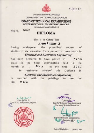 c08t1,1,2
Reg. No.
GOVERNMENT OF KARNATAKA
DEPARTMENT OF TECHNICAL EDUCATION
BOARD OF TECHNICAT EXAMINATIONS
GOVERNMENT C.P.C. POLYTECHNIG, MYSORE.
(An Autonomous I nstitution)
240205
DIPLOMA
This is to Certify that
Arun kumar S
having undergone the prescribed course
studies of six semesters for a period of three years
Electrical and Electronics Engineering
has been declared to have passed in F i r s t
class in the Final Examination held in the
month of MgY in the Year 2007
ln testimony whereof this Diploma in
Electrical and Electronics Engineering
is awarded with the privilege to use the
title D. E. E
/,Li-v'^tzPrincipal Gr.ll,
of
in
fl
CP C. P olAtechnic, Mysore.
Date of Eligibility i 3dr June 2oo7
{#;&.i'fr$^
f4XOoawo(,, "44*,51. {
w-&
 