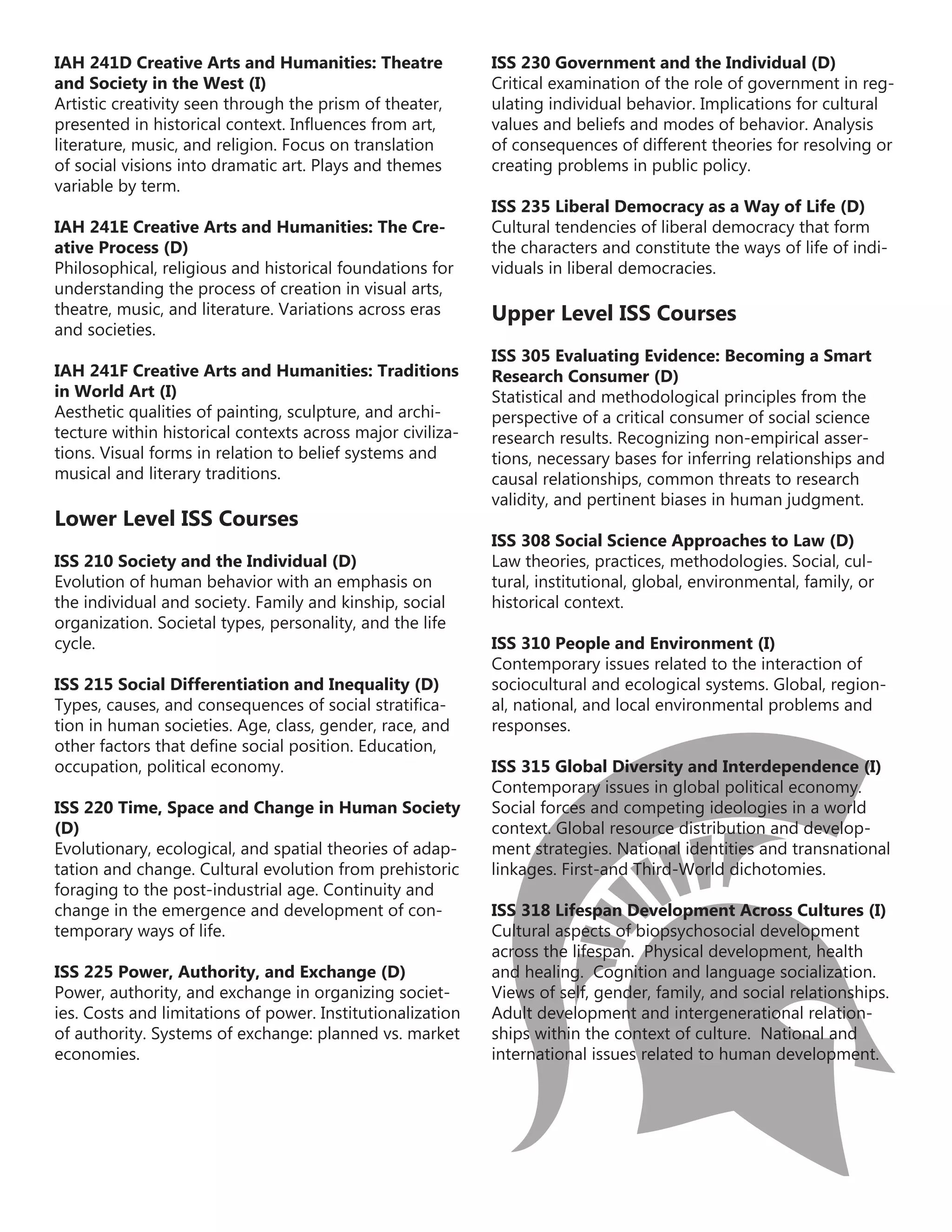 ISS 230 Government and the Individual (D)
Critical examination of the role of government in reg-
ulating individual behavior. Implications for cultural
values and beliefs and modes of behavior. Analysis
of consequences of different theories for resolving or
creating problems in public policy.
ISS 235 Liberal Democracy as a Way of Life (D)
Cultural tendencies of liberal democracy that form
the characters and constitute the ways of life of indi-
viduals in liberal democracies.
Upper Level ISS Courses
ISS 305 Evaluating Evidence: Becoming a Smart
Research Consumer (D)
Statistical and methodological principles from the
perspective of a critical consumer of social science
research results. Recognizing non-empirical asser-
tions, necessary bases for inferring relationships and
causal relationships, common threats to research
validity, and pertinent biases in human judgment.
ISS 308 Social Science Approaches to Law (D)
Law theories, practices, methodologies. Social, cul-
tural, institutional, global, environmental, family, or
historical context.
ISS 310 People and Environment (I)
Contemporary issues related to the interaction of
sociocultural and ecological systems. Global, region-
al, national, and local environmental problems and
responses.
ISS 315 Global Diversity and Interdependence (I)
Contemporary issues in global political economy.
Social forces and competing ideologies in a world
context. Global resource distribution and develop-
ment strategies. National identities and transnational
linkages. First-and Third-World dichotomies.
ISS 318 Lifespan Development Across Cultures (I)
Cultural aspects of biopsychosocial development
across the lifespan. Physical development, health
and healing. Cognition and language socialization.
Views of self, gender, family, and social relationships.
Adult development and intergenerational relation-
ships within the context of culture. National and
international issues related to human development.
IAH 241D Creative Arts and Humanities: Theatre
and Society in the West (I)
Artistic creativity seen through the prism of theater,
presented in historical context. Influences from art,
literature, music, and religion. Focus on translation
of social visions into dramatic art. Plays and themes
variable by term.
IAH 241E Creative Arts and Humanities: The Cre-
ative Process (D)
Philosophical, religious and historical foundations for
understanding the process of creation in visual arts,
theatre, music, and literature. Variations across eras
and societies.
IAH 241F Creative Arts and Humanities: Traditions
in World Art (I)
Aesthetic qualities of painting, sculpture, and archi-
tecture within historical contexts across major civiliza-
tions. Visual forms in relation to belief systems and
musical and literary traditions.
Lower Level ISS Courses
ISS 210 Society and the Individual (D)
Evolution of human behavior with an emphasis on
the individual and society. Family and kinship, social
organization. Societal types, personality, and the life
cycle.
ISS 215 Social Differentiation and Inequality (D) 
Types, causes, and consequences of social stratifica-
tion in human societies. Age, class, gender, race, and
other factors that define social position. Education,
occupation, political economy.
ISS 220 Time, Space and Change in Human Society
(D)
Evolutionary, ecological, and spatial theories of adap-
tation and change. Cultural evolution from prehistoric
foraging to the post-industrial age. Continuity and
change in the emergence and development of con-
temporary ways of life.
ISS 225 Power, Authority, and Exchange (D) 
Power, authority, and exchange in organizing societ-
ies. Costs and limitations of power. Institutionalization
of authority. Systems of exchange: planned vs. market
economies.
 