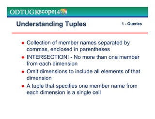 Understanding Tuples
Collection of member names separated by
commas, enclosed in parentheses
INTERSECTION! - No more than one member
from each dimension
Omit dimensions to include all elements of that
dimension
A tuple that specifies one member name from
each dimension is a single cell
Marketing Technologies Group | www.mtgny.com
1 - Queries
 