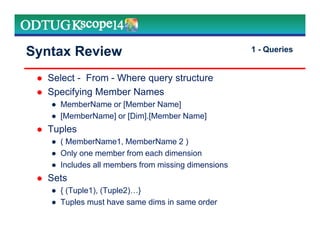 Syntax Review
Select - From - Where query structure
Specifying Member Names
● MemberName or [Member Name]
● [MemberName] or [Dim].[Member Name]
Tuples
● ( MemberName1, MemberName 2 )
● Only one member from each dimension
● Includes all members from missing dimensions
Sets
● { (Tuple1), (Tuple2) }
● Tuples must have same dims in same order
1 - Queries
 