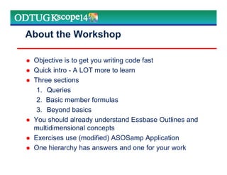 Objective is to get you writing code fast
Quick intro - A LOT more to learn
Three sections
1. Queries
2. Basic member formulas
3. Beyond basics
You should already understand Essbase Outlines and
multidimensional concepts
Exercises use (modified) ASOSamp Application
One hierarchy has answers and one for your work
About the Workshop
 