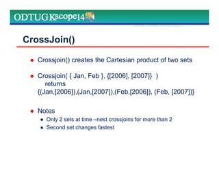 CrossJoin()
Crossjoin() creates the Cartesian product of two sets
Crossjoin( { Jan, Feb }, {[2006], [2007]} )
returns
{(Jan,[2006]),(Jan,[2007]),(Feb,[2006]), (Feb, [2007])}
Notes
● Only 2 sets at time –nest crossjoins for more than 2
● Second set changes fastest
Marketing Technologies Group | www.mtgny.com
 