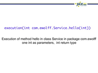 execution(int com.ewolff.Service.hello(int))


Execution of method hello in class Service in package com.ewolff
              one int as parameters, int return type
 