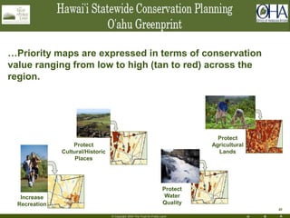 H R A
20
© Copyright 2004 The Trust for Public Land
…Priority maps are expressed in terms of conservation
value ranging from low to high (tan to red) across the
region.
Increase
Recreation
Protect
Cultural/Historic
Places
Protect
Water
Quality
Protect
Agricultural
Lands
 