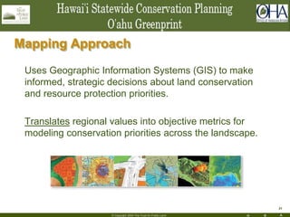 H R A
31
© Copyright 2004 The Trust for Public Land
Uses Geographic Information Systems (GIS) to make
informed, strategic decisions about land conservation
and resource protection priorities.
Translates regional values into objective metrics for
modeling conservation priorities across the landscape.
Mapping Approach
 