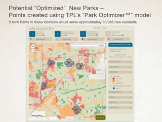 Potential “Optimized” New Parks –
Points created using TPL’s “Park Optimizer™” model
5 New Parks in these locations would serve approximately 33,988 new residents
 