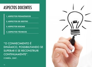 ETAPAS DE ATUAÇÃO
Você iniciou este módulo aprendendo com Moore & Kearsley
(2008) sobre as funções do professor, que estavam mais
relacionadas à administração do curso,
Depois, com Morgado (2001), você aprendeu os aspectos a
serem observados na função docente em cursos à distância, que
estavam mais relacionados à pedagogia desenvolvida no curso.
Completando esta trilogia, Salmon (2000) demonstra um terceiro
campo de atuação do professor, a cronologia, que está
relacionada ao momento de cada tipo de ação do professor.
14
4. CONSTRUÇÃO DO CONHECIMENTO
3. PARTILHA DA INFORMAÇÃO
1. ACESSO E MOTIVAÇÃO
2. SOCIALIZACÃO ON-LINE
5. DESENVOLVIMENTO
 