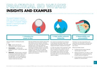 26
The research highlights three key
areas that organisations could focus
on to adopt a more gender intelligent
approach to improving the health of
their talent pipelines.
We have identified three important areas where
data tracking could be improved: individuals,
investment, and culture. Data today is powerful,
especially when it links both people and
business performance. Advances in ‘big’ data
technology can facilitate analysis that provides
evidence of causality and informs gender
intelligent action. This type of dynamic data
enables organisations to manage their talent
pipeline as an ecosystem.
Our research has identified that employees
of both genders want better quality, more
career-focussed conversations, with clear career
mapping that leaders understand and support.
It is often the quality of the conversation rather
than the quantity that is important here. All
those in positions of leadership, including
line managers have a special role to play
and should be given the tools and support
that enable them to talk authentically and be
‘gender intelligent’.
The Board must take responsibility, both
collectively and individually for gender parity.
All leaders should be held accountable for
their actions.
Being accountable involves:
•	 the Board and ExCo being measured
regularly against set targets
•	 leading by example (e.g. be clear on what
messages they as a group are delivering
through reward and recognition)
•	 driving change (e.g. seeking and acting on
feedback from female leavers)
1. Unlocking the
power of data
2. High quality authentic
leadership
3. Responsibility and
accountability
INSIGHTS AND EXAMPLES
There are 3 levels to unlocking the power
of data:
•	 Base – baseline decoding the
organisational data on gender diversity
•	 Intermediate – modelling data /
projecting forwards, in particular your talent
pipeline
•	 Advanced – tracking success, using both
structured and unstructured data to obtain
an individual profile of each individual in
the organisation. Link this people data to
business performance data to effectively
measure investment and culture
© 2014 KPMG LLP, a UK limited liability partnership, is a subsidiary of KPMG Europe LLP and a member firm of the KPMG network of independent member firms affiliated with KPMG International Cooperative, a Swiss entity. All rights reserved.
 
