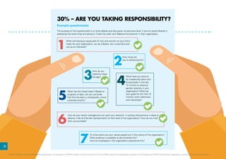 Example questionnaire
1
43
5
6
2
What will having an equal split of men and women on your ExCo
mean for your organisation, you as a Board, your customers and
you as an individual?
What have you done a)
as a leadership team and
b) personally in the last
12 months to advance
gender diversity in your
organisation? What are
your goals for the next 12
months, both collectively
and individually?
How do you
intend to close
the gap?
What has the impact been? Based on
progress to date, can you conclude
that this has been a strategically critical
corporate priority?
How do your senior management act upon your direction in putting interventions in place to
balance male and female representation at their level of the organisation? How do you hold
them accountable?
How close are
you to achieving this?
The purpose of this questionnaire is to drive debate and discussion at executive level. It aims to assist Boards in
assessing the action they are taking to ‘Crack the code’ and ‘Balance the pyramid’ in their organisation.
30% – ARE YOU TAKING RESPONSIBILITY?
7
To what extent are your values played out in the culture of the organisation?
What evidence is available to demonstrate this?
How do employees in the organisation experience this?
33
© 2014 KPMG LLP, a UK limited liability partnership, is a subsidiary of KPMG Europe LLP and a member firm of the KPMG network of independent member firms affiliated with KPMG International Cooperative, a Swiss entity. All rights reserved.
 