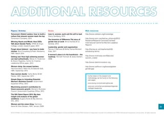 34
Web resources
http://www.catalyst.org/knowledge
http://www.som.cranfield.ac.uk/som/p3012/
Research/Research-Centres/Cranfield-
International-Centre-for-Women-Leaders/
Reports
http://henley.ac.uk/mba/henleyft30-
scholarship-terms
http://www.mckinsey.com/features/
women_matter
http://www.talentinnovation.org
http://www.weforum.org/issues/global-
gender-gap
Books
Lean In, women, work and the will to lead,
Sheryl Sandberg, 2013
The Invention of Difference:The story of
gender bias at work, Binna Kandola  Jo
Kandola, 2013
Leadership, gender and organization,
Patricia H Werhane  Mollie Painter-Morland
(Eds), 2011
A woman’s place is in the boardroom – the
roadmap, Peninah Thomson  Jacey Graham,
2008
Papers / Articles
Tomorrow’s Global Leaders: how to build a
culture that ensures women reach the top,
Tomorrow’s Company, 2014
Winning Hearts and Minds: How CEOs
Talk about Gender Parity, KPMG  King’s
College, London research paper, 2014
Forget about balance – you have to make
choices, Boris Groysberg  Robin Abrahams,
HBR, March 2014
Getting real: How high-achieving women
can lead authentically, Marian N. Ruderman
 Sharon Rogolsky, Centre for Creative
Leadership White paper, 2013
Women rising: the unseen barriers,
Herminia Ibarra, Robin Ely,  Deborah Kolb,
HBR, September 2013
How women decide, Cathy Benko  Bill
Pelster, HBR, September 2013
Simple Steps to Unlocking Potential,
Women’s Business Council: Government
Equalities Office, 2013
Maximising women’s contribution to
future economic growth, Women’s Business
Council: Government Equalities Office, 2013
The SHLTalent Report 2013: Big data
insight and analysis of the global
workforce, Eugene Burke  Ray Glennon,
SHL, 2013
Women and the vision thing, Herminia
Ibarra  Otilia Obodaru, HBR, January 2009
Further detail on the research and
methodology can be found on the following
web pages:
www.kpmg.com/uk/crackingthecode
www.ysc.com/what-we-do/research/gender-
intelligent-leadership
© 2014 KPMG LLP, a UK limited liability partnership, is a subsidiary of KPMG Europe LLP and a member firm of the KPMG network of independent member firms affiliated with KPMG International Cooperative, a Swiss entity. All rights reserved.
 
