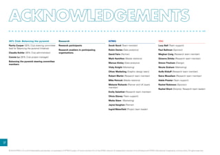37
30% Club: Balancing the pyramid
Pavita Cooper (30% Club steering committee
lead for Balancing the pyramid initiative)
Claudia Kohler (30% Club administrator)
Connie Lo (30% Club project manager)
Balancing the pyramid steering committee
members
Research
Research participants
Research enablers in participating
organisations
KPMG
Sarah Bond (Team member)
Robin Davies (Data analytics)
David Fairs (Partner)
Mark Hamilton (Media relations)
Marcus Kinley (Data analytics)
Vicky Knight (Marketing)
Oliver Marketing (Graphic design team)
Robert Martin (Research team member)
Mike Petrook (Media relations)
Melanie Richards (Partner and UK board
member)
Emily Salathiel (Research team member)
Olivia Slaney (Team support)
Mette Stern (Marketing)
Jayne Vaughan (Partner)
Ingrid Waterfield (Project team leader)
YSC
Lucy Ball (Team support)
Paul Ballman (Sponsor)
Meghan Craig (Research team member)
Ginevra Drinka (Research team member)
Simon Fincham (Design)
Nicola Graham (Marketing)
Aoife Kilduff (Research team member)
Naira Musallam (Research team member)
Adele Preater (Team support)
Rachel Robinson (Sponsor)
Rachel Short (Director, Research team leader)
© 2014 KPMG LLP, a UK limited liability partnership, is a subsidiary of KPMG Europe LLP and a member firm of the KPMG network of independent member firms affiliated with KPMG International Cooperative, a Swiss entity. All rights reserved.
 