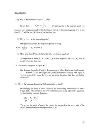 DISCUSSION
1.- a) Why is the maximum value of Cp one?
Given that 2
2
1
∞
−=
U
U
Cp We can see that if the local air speed (U)
becomes very large compared to the absolute air speed, Cp becomes negative. If U is less
than U∞, Cp will be one (if U is zero) or less than one.
b) Why is Cp = 1 at the stagnation point?
If U becomes zero (at the stagnation point), by using
2
2
1
∞
−=
U
U
Cp Cp becomes 1.
c) How large does U have to be for Cp to be positive or negative?
As explained in point A, if U>>U∞, Cp will be negative. If U<U∞, Cp will be
positive, but less than one.
2.- Our results compared to figure 4-15
Our diagram for angles 0° and 6° degrees seem to follow Burtin and Smith’s data.
For the 12° and 18° degree runs, our data seems to coincide with figure 4-
15, but in the 0.5-1 range for x/c, we get some deviation that does not follow
figure 4-15.
3.- Why is the pressure changing at different angles of attack?
By changing the angle of attack, we force the air traveling on the airfoil to take a
longer path. This increases the speed of the air, and using Bernoulli’s equation,
we can see that pressure decreases.
2
2
∞∞
+=
UPPatm
ρρ
The greater the angle of attack, the greater the air speed on the upper side of the
airfoil, and the lower the local pressure will be.
25
 