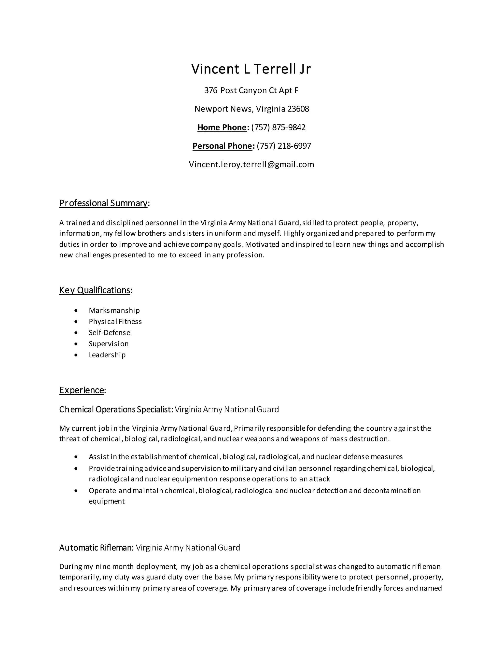 Vincent L Terrell Jr Resume | PDF