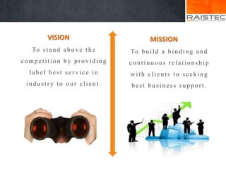 VISION
To stan d ab o v e th e
co mp etitio n b y p r o v iding
lab el b est ser v ice in
in d u stry to o u r clien t.
MISSION
To b u ild a b in d in g an d
co n tin u ou s r elatio n ship
w ith clien ts to seek in g
b est b u sin ess su p p o rt.
 