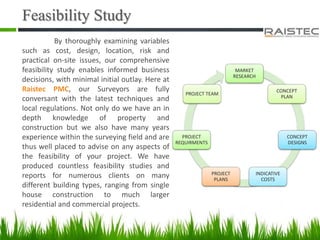 Feasibility Study
By thoroughly examining variables
such as cost, design, location, risk and
practical on-site issues, our comprehensive
feasibility study enables informed business
decisions, with minimal initial outlay. Here at
Raistec PMC, our Surveyors are fully
conversant with the latest techniques and
local regulations. Not only do we have an in
depth knowledge of property and
construction but we also have many years
experience within the surveying field and are
thus well placed to advise on any aspects of
the feasibility of your project. We have
produced countless feasibility studies and
reports for numerous clients on many
different building types, ranging from single
house construction to much larger
residential and commercial projects.
MARKET
RESEARCH
CONCEPT
PLAN
CONCEPT
DESIGNS
INDICATIVE
COSTS
PROJECT
PLANS
PROJECT
REQUIRMENTS
PROJECT TEAM
 