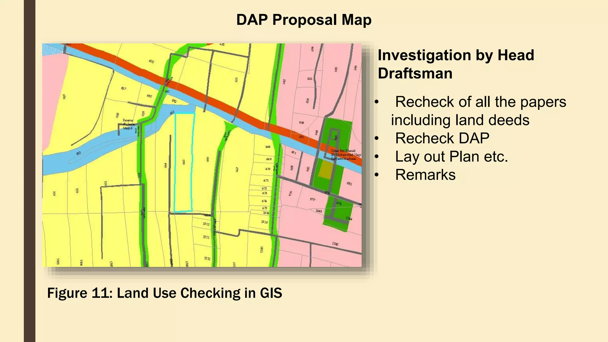 DAP Proposal Map
Investigation by Head
Draftsman
• Recheck of all the papers
including land deeds
• Recheck DAP
• Lay out Plan etc.
• Remarks
Figure 11: Land Use Checking in GIS
 