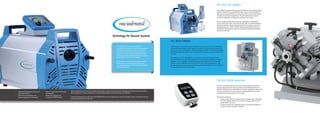 •	 Chemistry diaphragm pumps and
pumping systems
•	 High-vacuum pumping units
•	 Vacuum gauges and controllers
•	 Vacuum valves and small flange
components
•	 Rotary vane pumps and
chemistry-HYBRID pumps
VACUUBRAND manufactures the most
comprehensive range of vacuum pumps, gauges
and controllers for rough and fine vacuum for
laboratory use. The product range comprises
rotary vane pumps, oil-free diaphragm pumps,
complete pumping units,flexible vacuum systems
and solutions for local area networks.
The modular vacuum systems comply with the
technical and economical requirements for
vacuum generation and also ecological criteria in
outstanding degree.
PC 3002 VARIO
VARIO® pumps and pumping units provide precise vacuum control by adaptation
of the diaphragm pump´s motor speed. They feature fully automatic evaporation
control on the push of a button. The basic pump is the MZ 2C NT VARIO two-stage
chemistry diaphragm pump which meets medium vacuum requirements for most
solvents.
The pumping unit PC 3002 VARIO is a well proven choice for evaporation of
large amounts of solvents. The separator at the inlet collects particles and liquid
droplets. The waste vapour condenser at the outlet enables near-100-percent
solvent recovery, efficient recycling and active environmental protection. The
on-demand motor speed control results in unparalleled length of service intervals
for wearing parts such as diaphragms.
VACUU·VIEW extended
For the monitoring of your vacuum processes in the rough and fine
vacuum range, the new vacuum gauges VACUU·VIEW extended are
perfect! The heavy duty combination of ceramic diaphragm sensor and
ceramic jacketed Pirani sensor ensures reliable readings in the wide
range from atmosphere down to 10-3 mbar.
Performance features:
•	 Precision and chemical resistance in an exceptionally wide range
from atmosphere down to 10-3 mbar, one gauge only for both
rough and fine vacuum,
•	 Compact design with integrated sensors, one piece equipment
for direct connect at point of interest.
PC 3010 NT VARIO
These VARIO® pumps and pumping units feature a very high pumping
speed and attain an outstanding ultimate vacuum. They are ideal for
high vacuum requirements, e.g., for evaporation of most high boiling
solvents even at low temperatures. They provide precise vacuum
control by adjusting the diaphragm pump´s motor speed.
The controller provides fully automatic evaporations without any
need of parameter input. The pump design offers exceptionally high
chemical resistance supporting almost universal usage in chemistry
and pharmaceutics. The PC 3010 NT VARIO pumping unit relies on a
well-proven operating concept for example for evaporation of large
amounts of solvents.
Typical applications for chemistry diaphragm pumps include evacuating chemically aggressive gases and vapours from
such equipment as rotary evaporators, vacuum drying cabinets and centrifugal concentrators.
Chemistry diaphragm pumps from VACUUBRAND feature uncompromising chemistry designs which are build to suit your
needs and requirements in the lab.
 