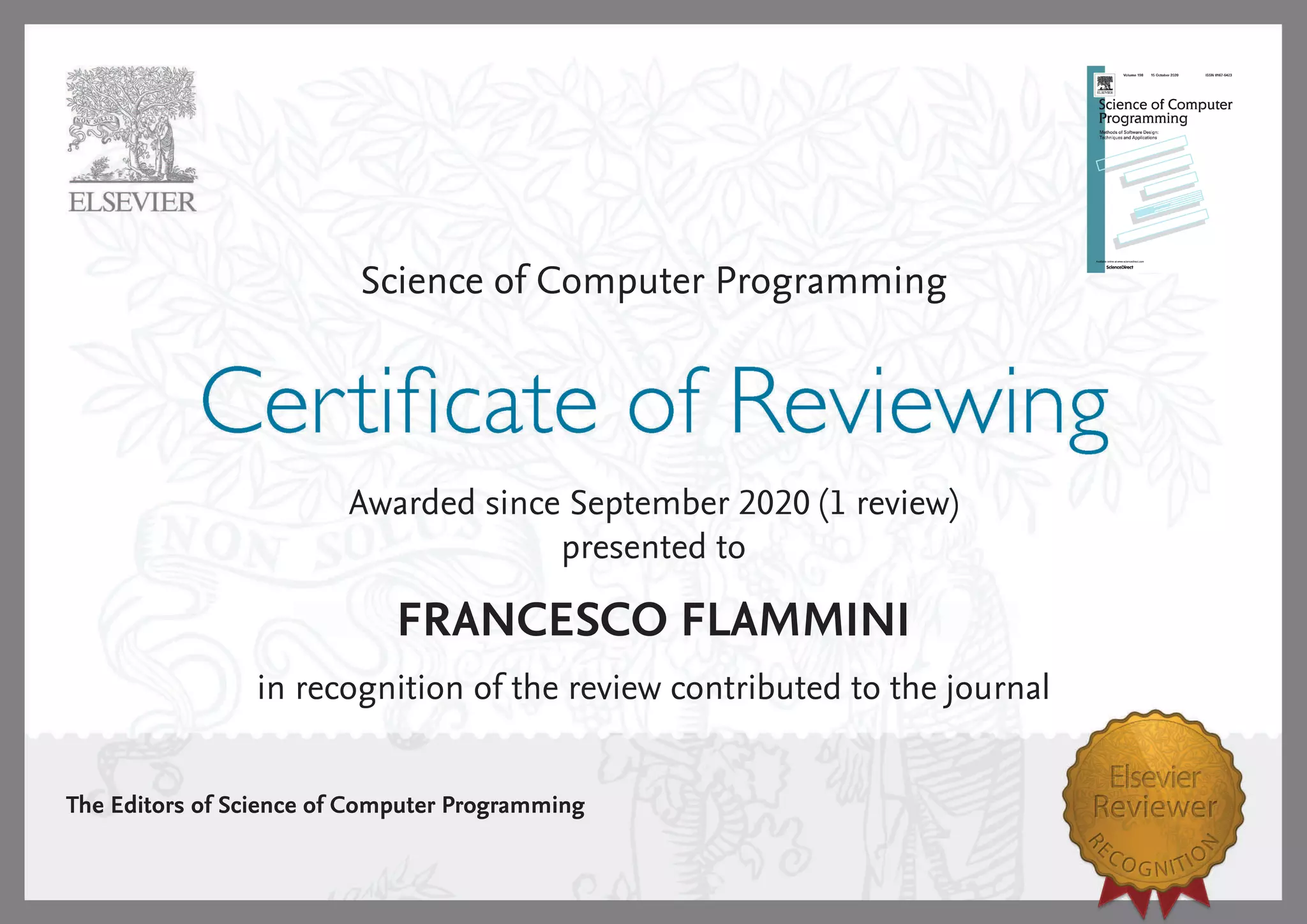 Science of Computer Programming, Certificate of Reviewing PPT
