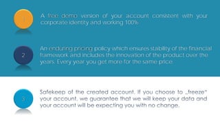 A free demo version of your account consistent with your
corporate identity and working 100%.
1
2
An enduring pricing poli...